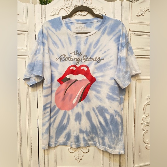 Rolling Stones Tie Dye Graphic Tee Blue and White Mouth Lips T-Shirt Size M - Picture 2 of 7